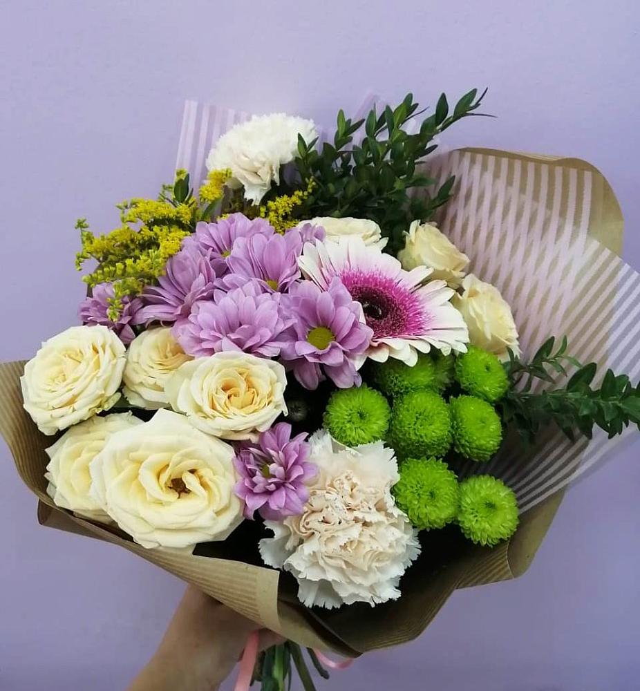 Букет цветов из: Хризантемы, Розы, Гвоздики и Герберы в Ивановское