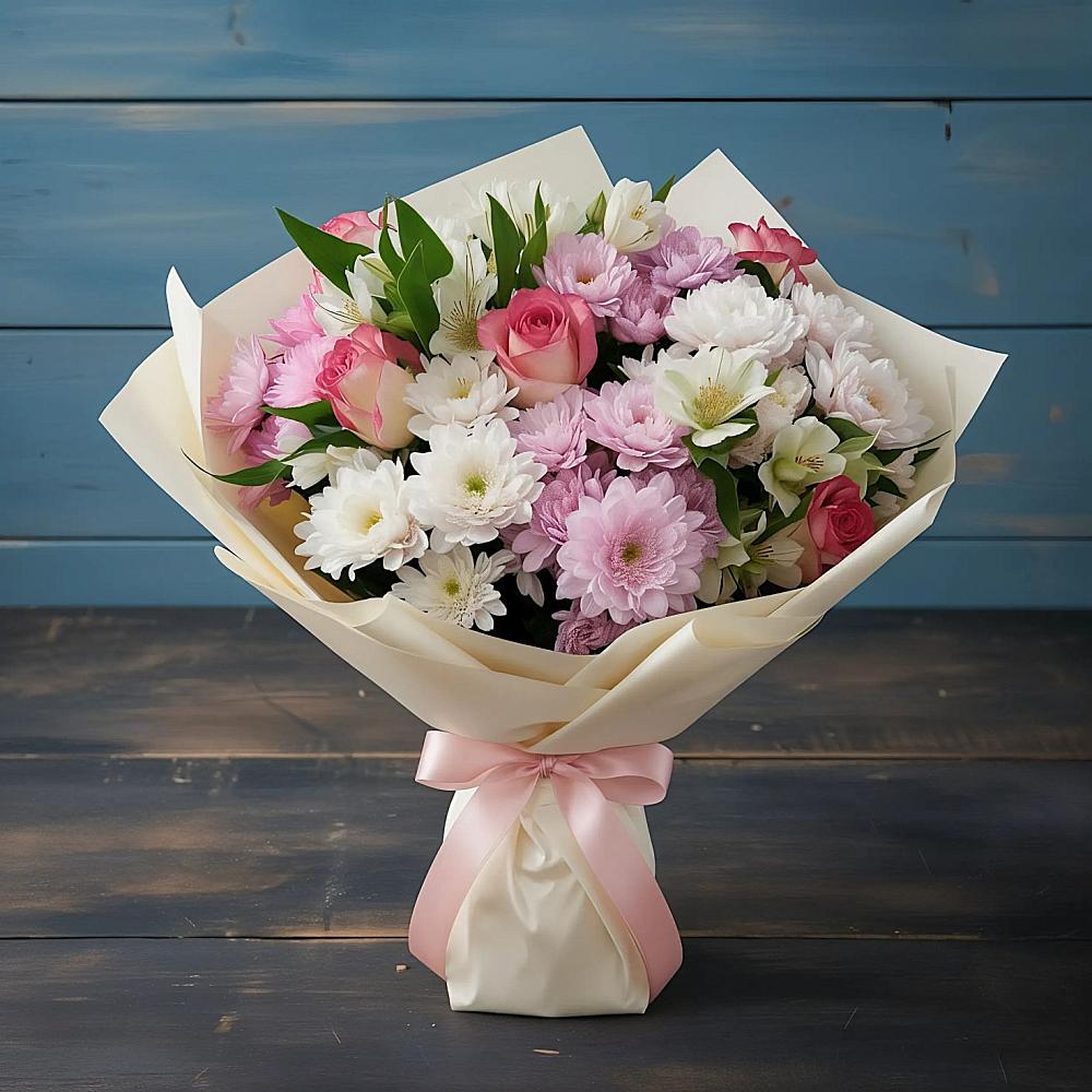 Букет цветов из: Хризантемы, Альстромерии и Розы в Ивановское